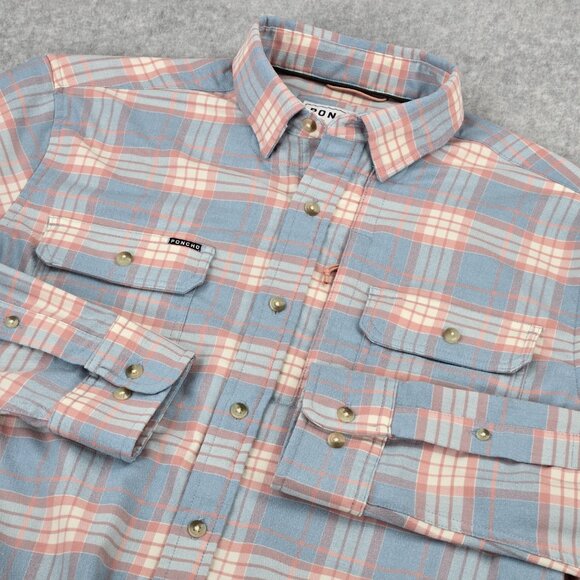 Poncho Flannel Shirt Mens Medium Slim Fit Plaid Blue Pink Magnetic Pockets Fish - Picture 1 of 13